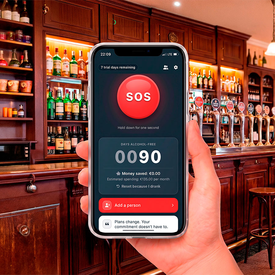 A hand holding a phone in a bar, showing Sosober with a large red SOS button and a 90-day alcohol-free counter.